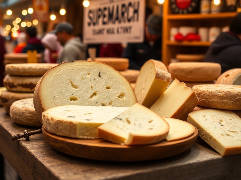 Assortiment coloré de fromages artisanaux sur un plateau en bois
